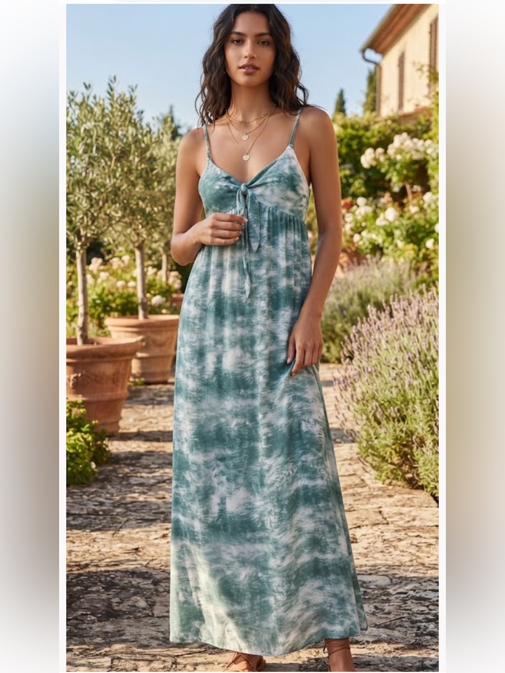 HYFVE Teal Marble-Print Spaghetti Strap Maxi Dress